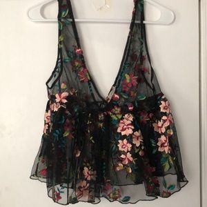 Urban Outfitter black mesh embroidered top NEW